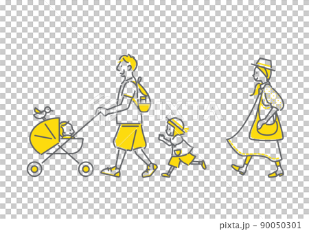 お散歩する四人家族　シンプルでお洒落な線画イラスト 90050301
