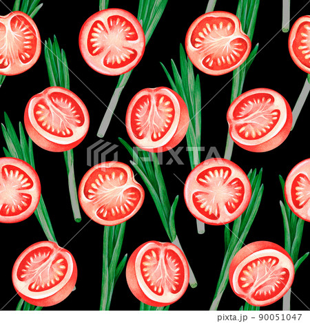 Seamless pattern. Tomatoes and green onion. Watercolor illustration. Isolated on a black background. 90051047