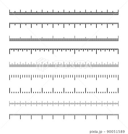 Various measurement scales with divisions. Realistic scale for measuring length or height in centimeters, millimeters or inches. Ruler, tape measure marks, size indicators. Vector illustration 90051589
