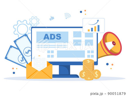 Advertising or ADS Vector Illustration for Mobile Social Media, Campaign, Business Promotion, Brand and Digital Marketing in Flat Cartoon Style 90051879