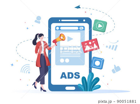 Advertising or ADS Vector Illustration for Mobile Social Media, Campaign, Business Promotion, Brand and Digital Marketing in Flat Cartoon Style 90051881