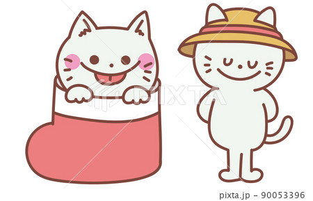 ブーツに入るネコと麦わら帽子をかぶるネコ 90053396