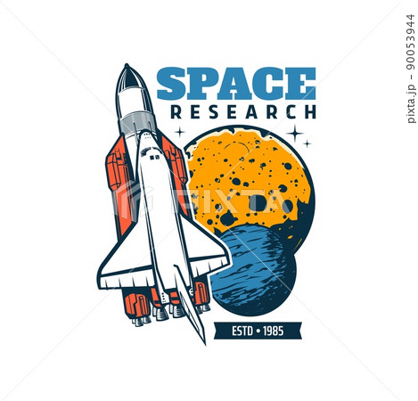 Spaceship icon with vector space shuttle, Moon and Earth planets, stars and asteroids. Galaxy universe research or space adventure isolated symbol, carrier rocket or launch vehicle with cosmos objects Spaceship icon with vector space shuttle, Moon and Earth planets, stars and asteroids. Galaxy universe research or space adventure isolated symbol, carrier rocket or launch vehicle with cosmos objects 90053944
