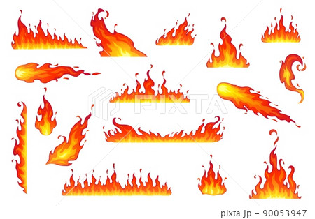 Cartoon isolated fire flames, bonfire. Vector campfire, comet, fireball or torch burning blaze. Glowing shining borders with long waving tongues. Decorative ignition stripes of fire flames 90053947
