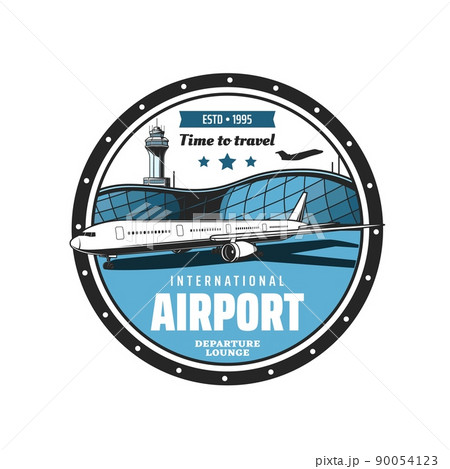 Airport icon with vector plane on runway, airplane in the sky, airport building of departure terminal and traffic control tower. Aircraft, air travel, aviation and passenger airlines isolated badge Airport icon with vector plane on runway, airplane in the sky, airport building of departure terminal and traffic control tower. Aircraft, air travel, aviation and passenger airlines isolated badge 90054123