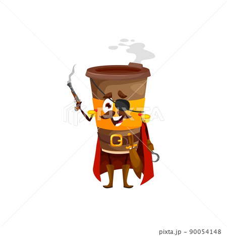 Cartoon takeaway coffee pirate character. Vector cup of hot drink corsair menu personage. Carton mug wear cape, shoulder straps, hook and eye patch holding gun. Funny filibuster beverage character 90054148