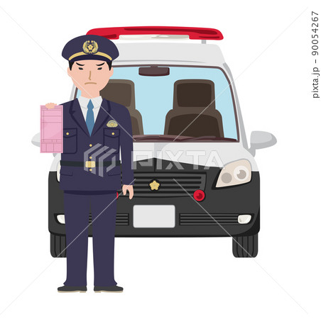 パトカー前で赤切符を持っている制服の男性警察官 パトカー前で赤切符を持っている制服の男性警察官 90054267