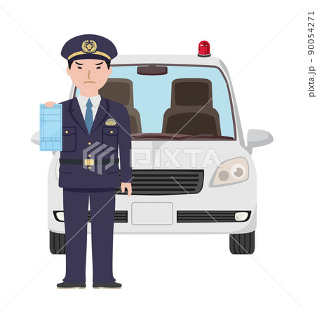 覆面パトカー前で青切符を持っている制服の男性警察官 覆面パトカー前で青切符を持っている制服の男性警察官 90054271