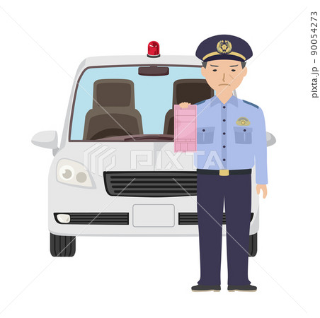 覆面パトカー前で赤切符を持っている夏服の男性警察官 覆面パトカー前で赤切符を持っている夏服の男性警察官 90054273