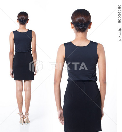 Full length half body Figure snap of 20s Asian Woman black wrapped hair black vast short turn back 90054290