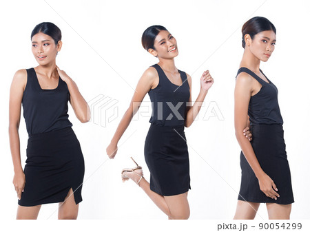 half body Figure snap of 20s Asian Woman black long straight hair vast short skirt 90054299