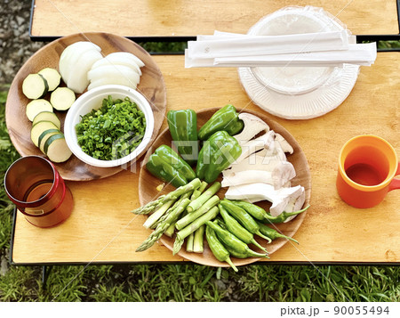 バーベキュー用の野菜と紙皿_俯瞰 バーベキュー用の野菜と紙皿_俯瞰 90055494