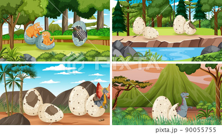 Different prehistoric forest scenes with dinosaur cartoon 90055755