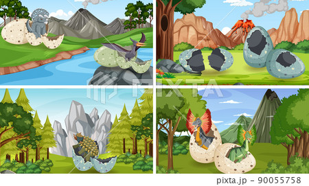 Different prehistoric forest scenes with dinosaur cartoon Different prehistoric forest scenes with dinosaur cartoon 90055758