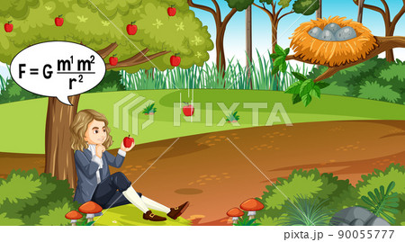 Isaac Newton sitting under apple tree 90055777