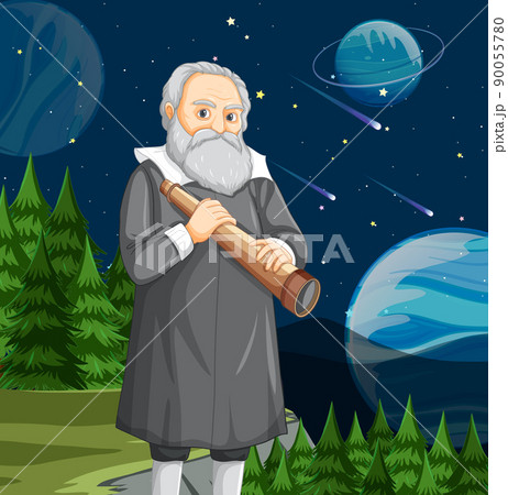 Galileo Galilei cartoon character holding telescope 90055780