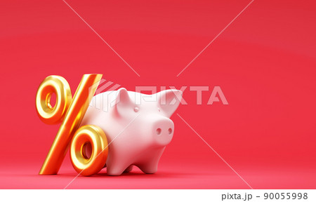 White piggy bank with percent sign on red background 90055998