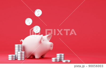 Piggy bank with falling dollar coins on red background 90056003
