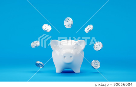 Piggy bank with falling dollar coins on blue background 90056004