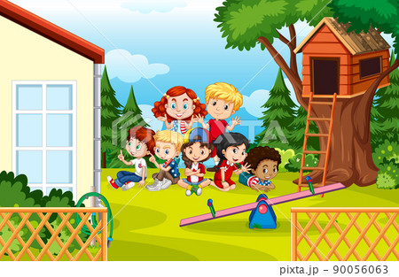 Many kids sitting in the garden 90056063