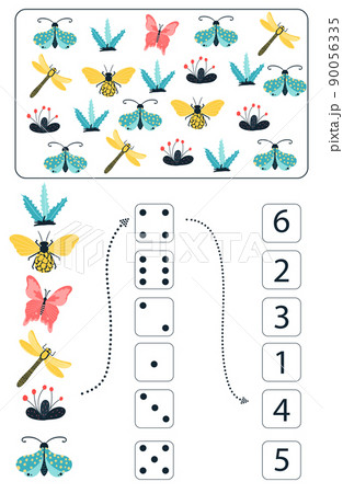 Math educational game for kids. Math worksheet for children with colorful insects, butterflies, beetles, flowers. Vector, cartoon style. 90056335
