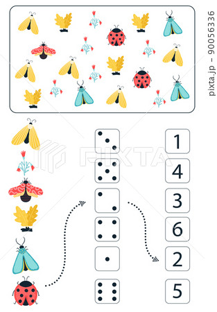 Math educational game for kids. Math worksheet for children with colorful insects, butterflies, beetles, flowers. Vector, cartoon style. 90056336