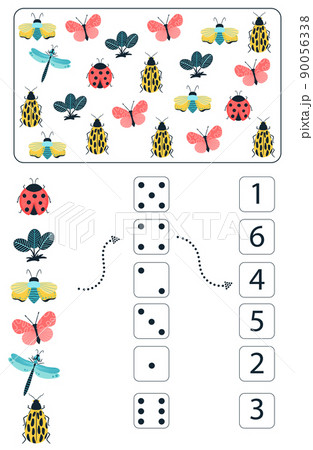 Math educational game for kids. Math worksheet for children with colorful insects, butterflies, beetles, flowers. Vector, cartoon style. 90056338