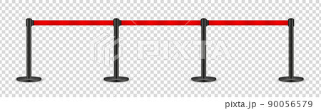 Realistic retractable belt stanchion on transparent background. Crowd control barrier posts with caution strap. Queue lines. Restriction border and danger tape. Vector illustration. 90056579