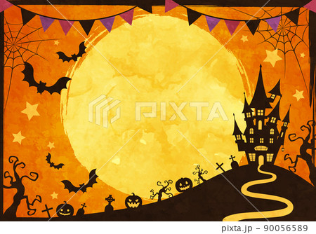 城や蝙蝠のシルエットのハロウィンの満月の夜のベクターイラスト背景(ガーランド) 90056589