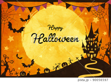 城や蝙蝠のシルエットのハロウィンの満月の夜のベクターイラスト背景(ガーランド) 90056597