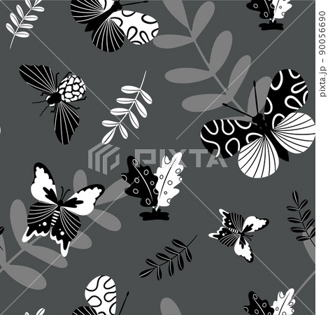 Seamless monochrome black and white background pattern with abstract butterfly for printing on textiles or paper. Vector illustration in a hand-drawn style. 90056690