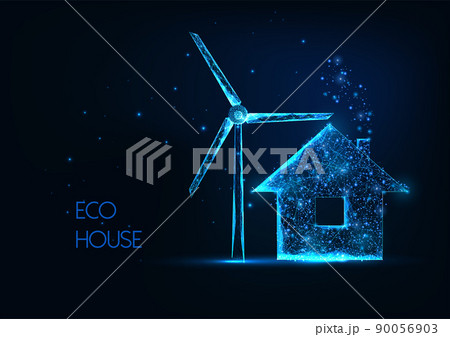 Futuristic eco home with renewable energy sources concept with glowing house and wind turbine  90056903