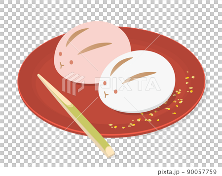 赤い銘々皿に置かれた和菓子のイラスト　紅白うさぎ 90057759