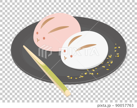 黒い銘々皿に置かれた和菓子のイラスト　紅白うさぎ 90057763