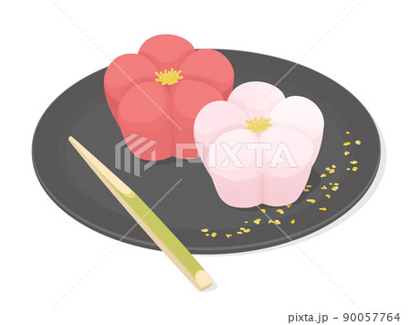 黒い銘々皿に置かれた和菓子のイラスト　紅白梅 90057764