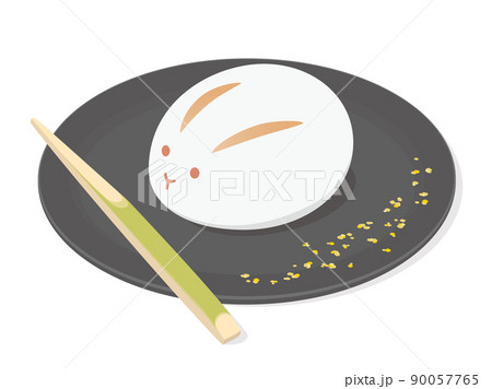 黒い銘々皿に置かれた和菓子のイラスト　うさぎの練りきり 90057765