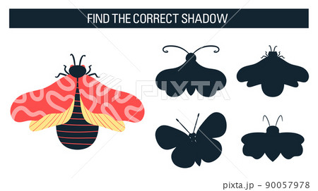 Insects, butterflies, moths. Find the right shadow, an educational game for kids. Vector illustration cartoon style 90057978