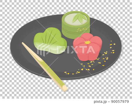 Illustration of Japanese sweets placed on a black plate 90057979