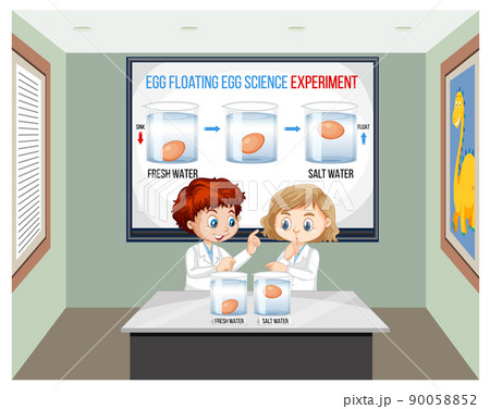 Scientist kids in the room with egg floating science experiment Scientist kids in the room with egg floating science experiment 90058852