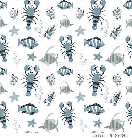 Seamless children's pattern with funny fish and sea animals. Children's texture for fabric, packaging, textiles, wallpaper, clothing. Vector background. 90059066