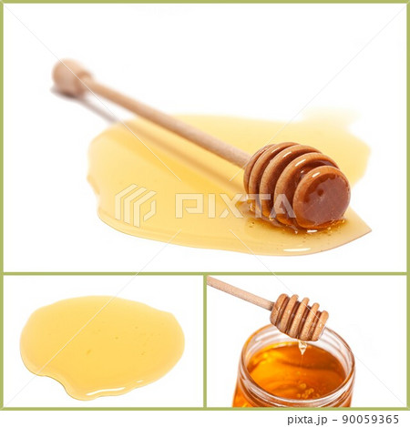 Collage with Honey dripping from honey dipper in glass jar. Healthy food concept 90059365
