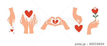Hand palms and heart symbol, flat icons set. The concept of self-love, caring for loved ones, feedback. Cartoon vector illustration of massage, cosmetics, friendship. 90059694