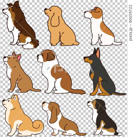 横を向いてお座りするシンプルで可愛い犬のイラストセットe 主線ありのイラスト素材