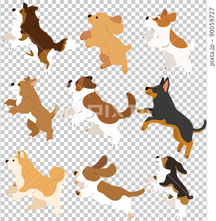 ジャンプするシンプルで可愛い犬のイラストセットE 　主線なし 90059727