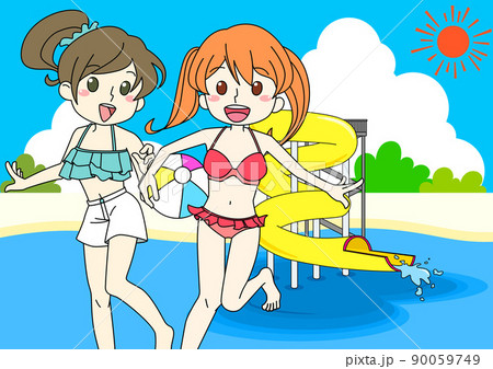 水着の女の子二人組とプールとウォータースライダー 90059749