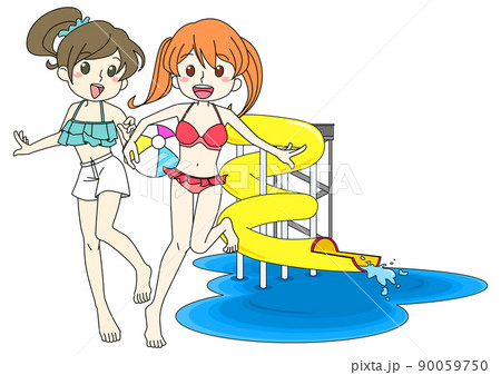 水着の女の子二人組とウォータースライダー 90059750