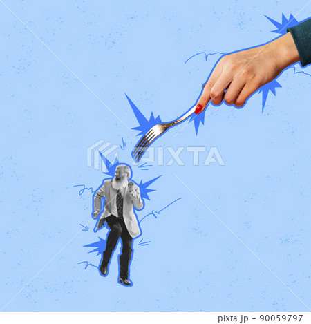 Contemporary art collage. Female hand holding fork and pointing at dancing senior man isolated over blue background Contemporary art collage. Female hand holding fork and pointing at dancing senior man isolated over blue background 90059797