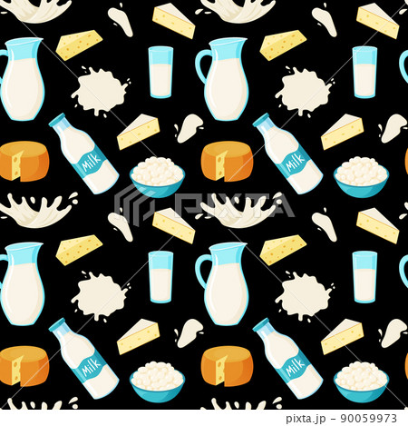 Milk products pattern. Seamless print with fresh dairy food and drinks. Liquid splashes and drops. Natural sour cream. Cheese pieces. Curd jars. Yogurt bottles or jugs. Healthy meal. Vector background 90059973