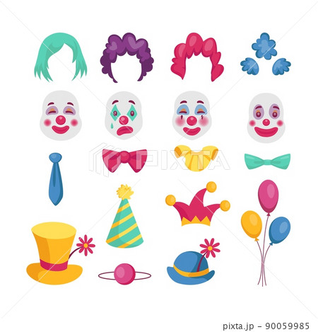 Clown mask. Circus costume with wig, hair and hat. Funny nose. Jesters ties. Holiday balloons. Joker icon. Cap for birthday party. Color hairstyles. Buffoon face makeup. Isolated vector elements set Clown mask. Circus costume with wig, hair and hat. Funny nose. Jesters ties. Holiday balloons. Joker icon. Cap for birthday party. Color hairstyles. Buffoon face makeup. Isolated vector elements set 90059985