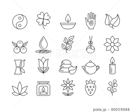 Yoga icons. Spiritual symbols of Zen and harmony life. Beauty spa. Buddha hand and Yin Yang. Relaxing aromatherapy. Health care. Botanical thin line signs. Calm and balance. Vector outline logo set Yoga icons. Spiritual symbols of Zen and harmony life. Beauty spa. Buddha hand and Yin Yang. Relaxing aromatherapy. Health care. Botanical thin line signs. Calm and balance. Vector outline logo set 90059988